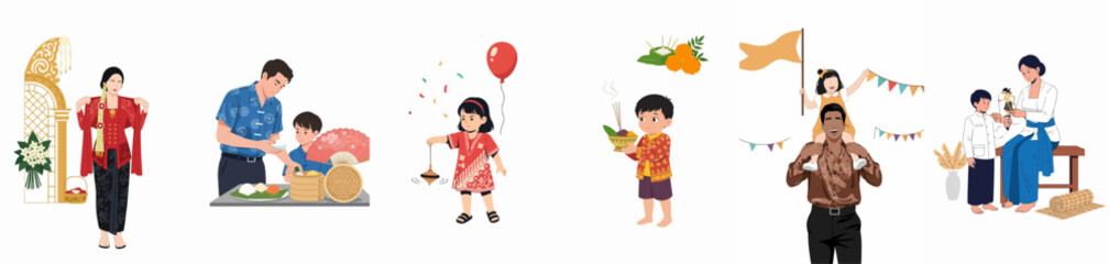 Fototapeta premium Diverse flat illustrations showcasing Indonesian family traditions, children playing, Wayang puppet storytelling, traditional attire, and cultural celebrations.