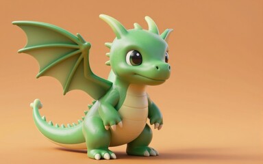 Obraz premium Adorable green baby dragon character standing on a solid warm background in a cute mascot style