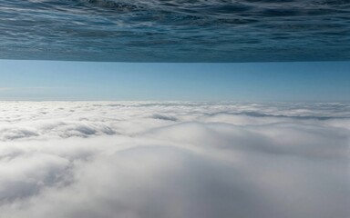 Surreal Abstract Composition Featuring Ocean Surface Above Thick White Clouds and Blue Sky