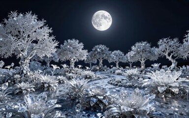 Ethereal Silver Garden with Glowing Crystalline Flowers Under a Large Full Moon