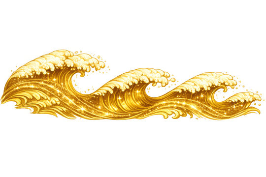 Golden liquid waves sparkling with glitter, moving in japanese traditional ukiyo-e style, isolated on a transparent background