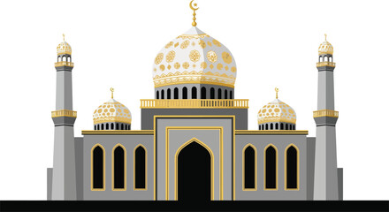 Digital illustration of a majestic mosque with golden domes and minarets © MD