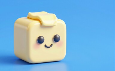 Adorable stylized cartoon butter cube with a friendly face and melting curl on a blue backdrop.