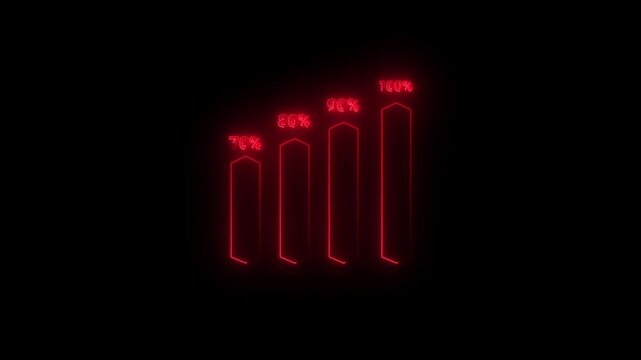 Glowing red neon vertical progress bars showing percentage levels from 70% to 100%. Futuristic HUD style loading and data visualization animation, perfect for technology, UI, cyberpunk, and digital .