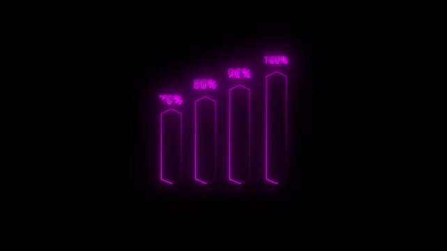 Glowing red neon vertical progress bars showing percentage levels from 70% to 100%. Futuristic HUD style loading and data visualization animation, perfect for technology, UI, cyberpunk, and digital .