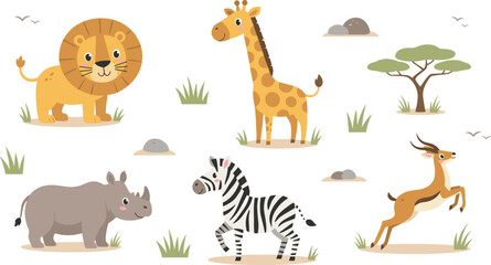 Obraz premium African Safari Animal Illustration Set, Cute Cartoon Lion, Giraffe, Zebra, and Rhino for Nursery Decor and Kids Education