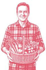 A smiling farmer in a plaid shirt holding a wicker basket full of fresh vegetables and fruit. Vector illustration in a classic vintage engraving style.