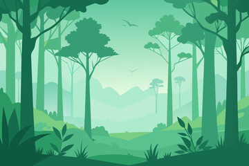 Obraz premium Minimalist green forest landscape with trees and birds