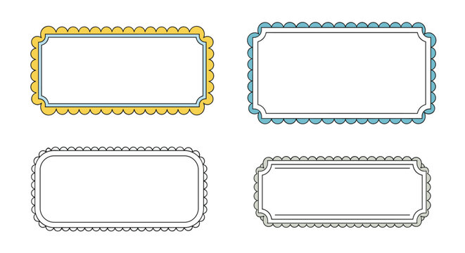 Set of four decorative scalloped rectangular labels in various colors and styles for organizing and name tags.