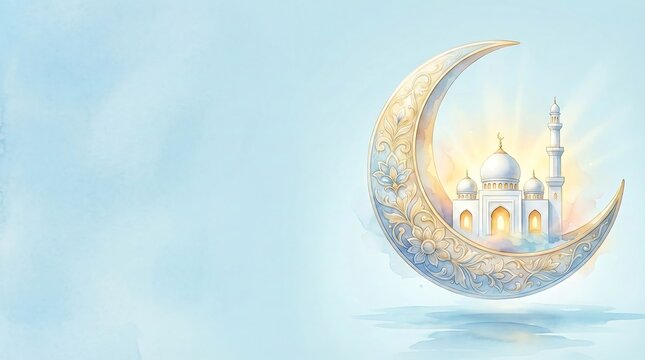 Artistic Watercolor Style 3D Render of Mosque Inside Decorative Crescent Moon. Islamic Greeting Background for Ramadan Kareem and Eid Mubarak with Copy Space.