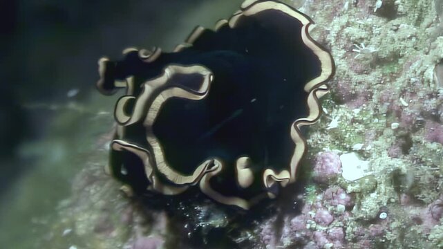 Observe the beauty of the ocean deep, as an elegant flatworm rests gently upon a coral reef. The natural light creates a stunning effect on the colorful ecosystem.