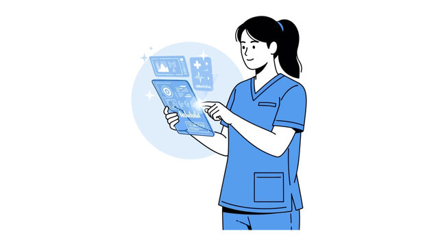 The Visionary Caregiver: A skilled healthcare professional utilizes advanced technology, engaging with interactive digital interfaces for improved patient care.