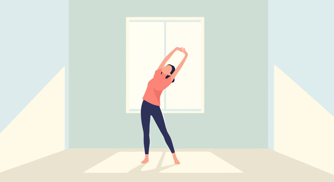 Woman performing side bend stretch exercise indoors on a yoga mat with sunlight streaming through a window creating a bright atmosphere