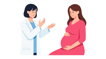 Obraz premium Prenatal healthcare consultation: A doctor engaging in empathetic communication with a pregnant patient in a sterile, clinical environment, fostering trust and care.