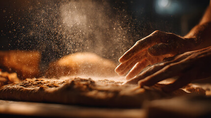 Fototapeta premium Hands dusting flour over pastry bakery dough baker hands flour dust pastry preparation bakers workspace rustic bread baking process closeup warm