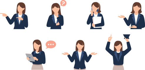 Fototapeta premium Faceless Businesswoman Character Set with Professional Poses - Minimalist Female Office Avatar Vector Bundle