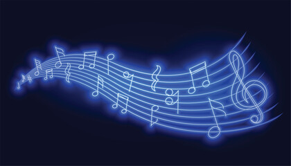 Neon Musical Staff Overlay Collection with Glowing Blue Notes, Treble Clefs, and Dynamic Rhythm Lines on Dark Gradient Background © Tahmina