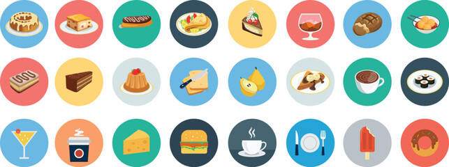 A flat vector illustration featuring a set of colorful Easter eggs designed as a web icon sign or orange button symbol for modern food app design