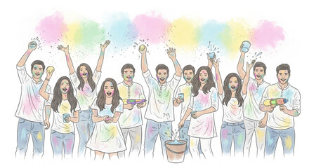 Fototapeta premium Group of happy people celebrating Holi festival throwing colored powder and water joyful cultural event illustration isolated on white