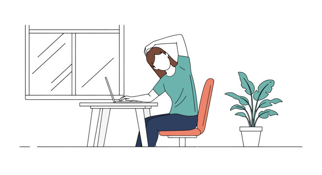 Woman stretching neck while working at desk with laptop near window and potted plant demonstrating posture and office wellness at home or in a modern