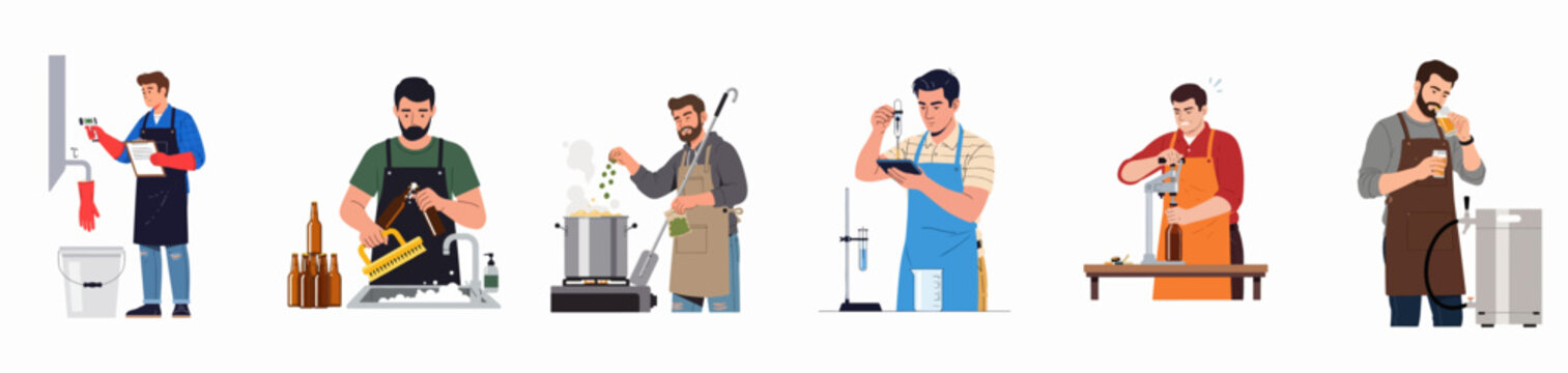 Craft Beer Brewing Process Stages: Preparation, Boiling Hops, Quality Control Testing, Bottling, and Final Tasting by Brewers.