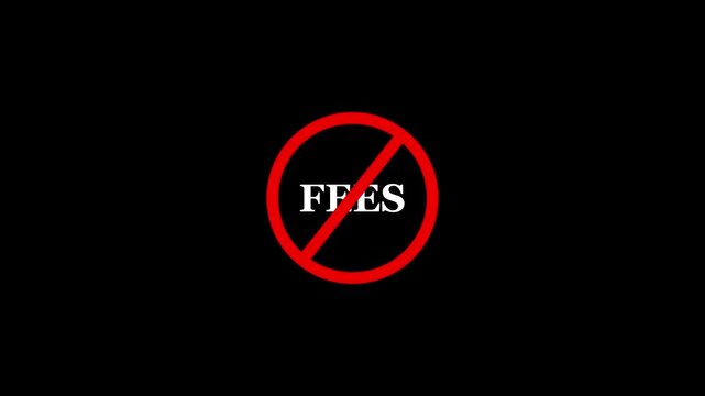 Fees prohibition sign animation, black background. Caution warning symbol, warning, error sign, safety protection. Text looping animation. 4K video motion graphic.