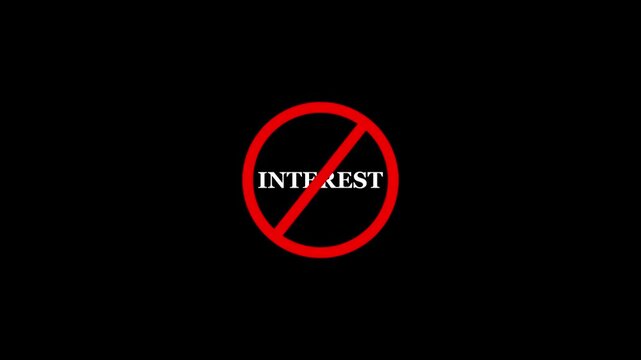 Interest prohibition sign animation, black background. Caution warning symbol, warning, error sign, safety protection. Text looping animation. 4K video motion graphic.