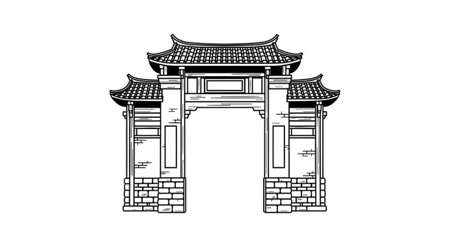 A black and white line art illustration of a traditional Chinese Paifang or Pailou gate with ornate tiered roofing and stone pillars, isolated on a white background
