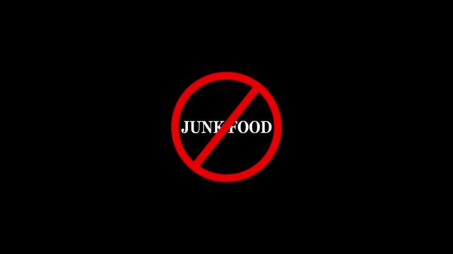 junk food prohibition sign animation, black background. Caution warning symbol, alert, error sign, security protection. junk food text looping animation.  4K Video motion graphic. 