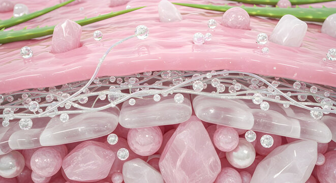 Macro cross section of healthy skin layers with collagen fibers and moisture droplets for skincare concept