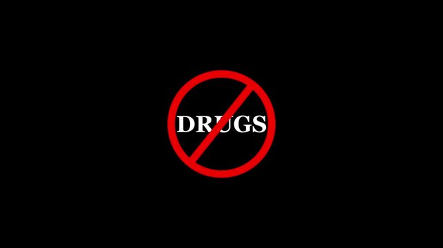 Drugs prohibition sign animation, black background. Caution warning symbol, warning, error sign, safety protection. Text looping animation. 4K video motion graphic.