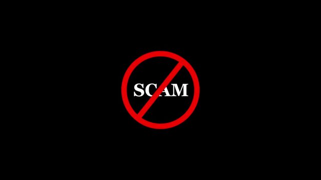 scam prohibition sign animation, black background. Caution warning symbol, alert, error sign, security protection. scam text looping animation.  4K Video motion graphic. 