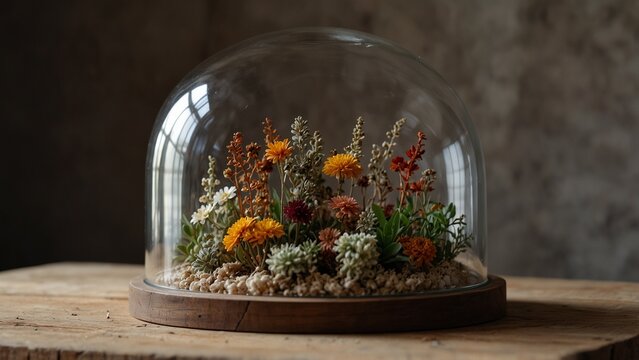 Flower arrangement under glass dome on wooden table, digital art illustration - Generative AI