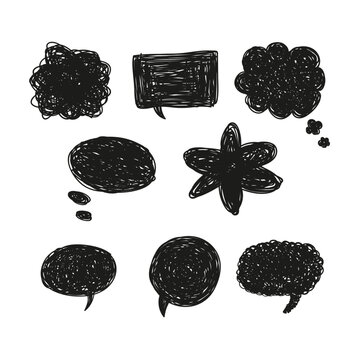 Comic Speech Bubble Overlay Collection with Hand-Drawn Black Scribble Style Dialogue and Thought Shapes on White Background