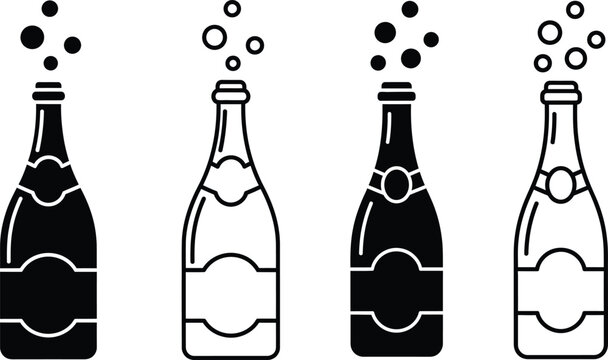 Four bottles of champagne with corks popping and bubbles escaping