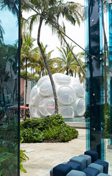 Miami, United States - July 04, 2025: Buckminster Fuller Fly&rsquo;s Eye Dome in Miami Surrounded by Palm Trees