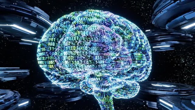 A futuristic, glowing brain-like structure with vibrant, swirling patterns of blue, green, and purple hues, surrounded by metallic, disc-shaped objects in a starry, dark space