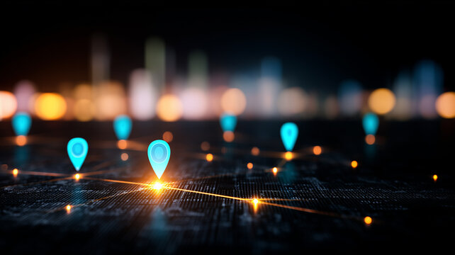 Glowing location markers on digital map grid representing geolocation services and network coverage.
