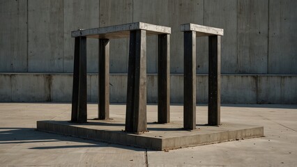 Fototapeta premium Couple of benches sitting in front of concrete wall, fantasy style digital art - Generative AI