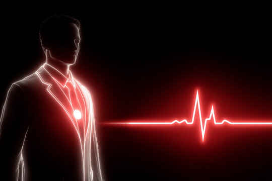  Neon outline of doctor with beating heart monitor, tribute visual with headline space.