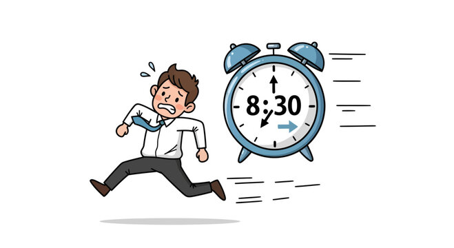 Cartoon of a late businessman dashing past a speeding alarm clock illustration