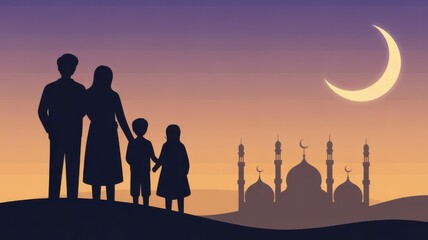 Fototapeta premium Silhouette family watching crescent moon rise over mosque during dusk, symbolizing Ramadan