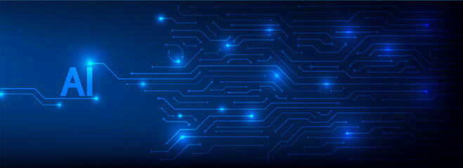 Obraz premium Banner abstract AI digital technology background with glowing blue circuit connection line. Futuristic data flow, cybersecurity, artificial intelligence, blockchain big data, Vector illustration