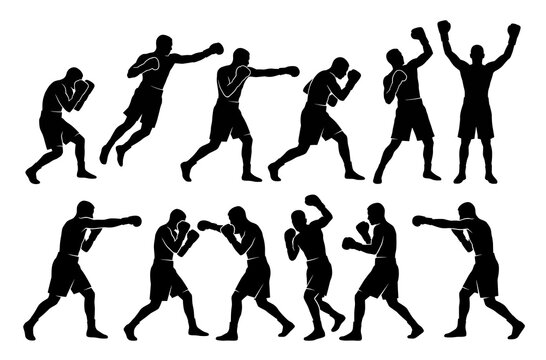 Collection of black boxer silhouettes showing athletes in different fighting positions like jabbing hooking blocking and celebrating after winning