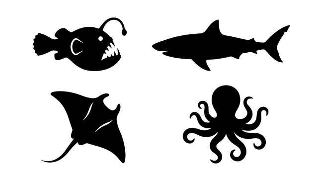 Collection of four black marine animal silhouettes featuring a shark octopus manta ray and anglerfish on a plain surface