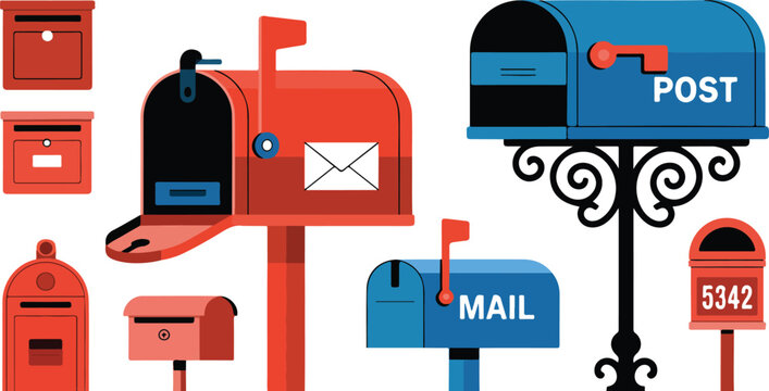 Postal Mailbox Vector Set  Red & Blue Delivery Collection