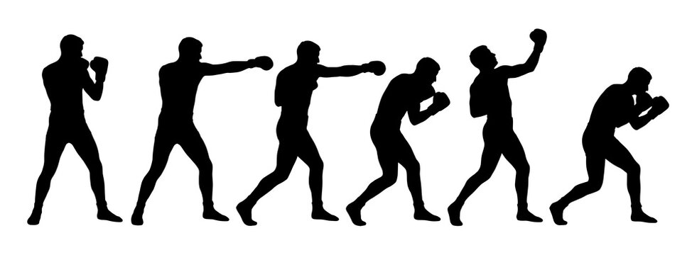 A collection of black silhouettes depicting a male boxer performing different punches and defensive moves during professional workout sessions