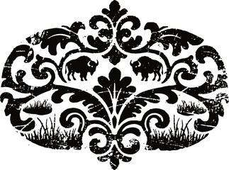 Black ornamental design with buffalo silhouettes and grass elements in vintage