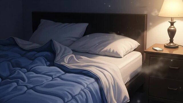 A cozy bedroom scene with a neatly made bed featuring a blue comforter and white pillows.