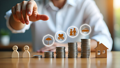 Financial family planning concept with coins, wooden figures, and insurance icons under a protective hand, symbolizing budgeting, future savings, financial security, and protection of health and asset